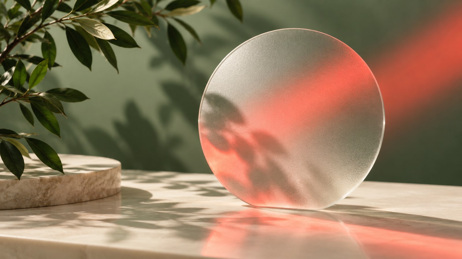 Decorative red glow on a frosted glass circle