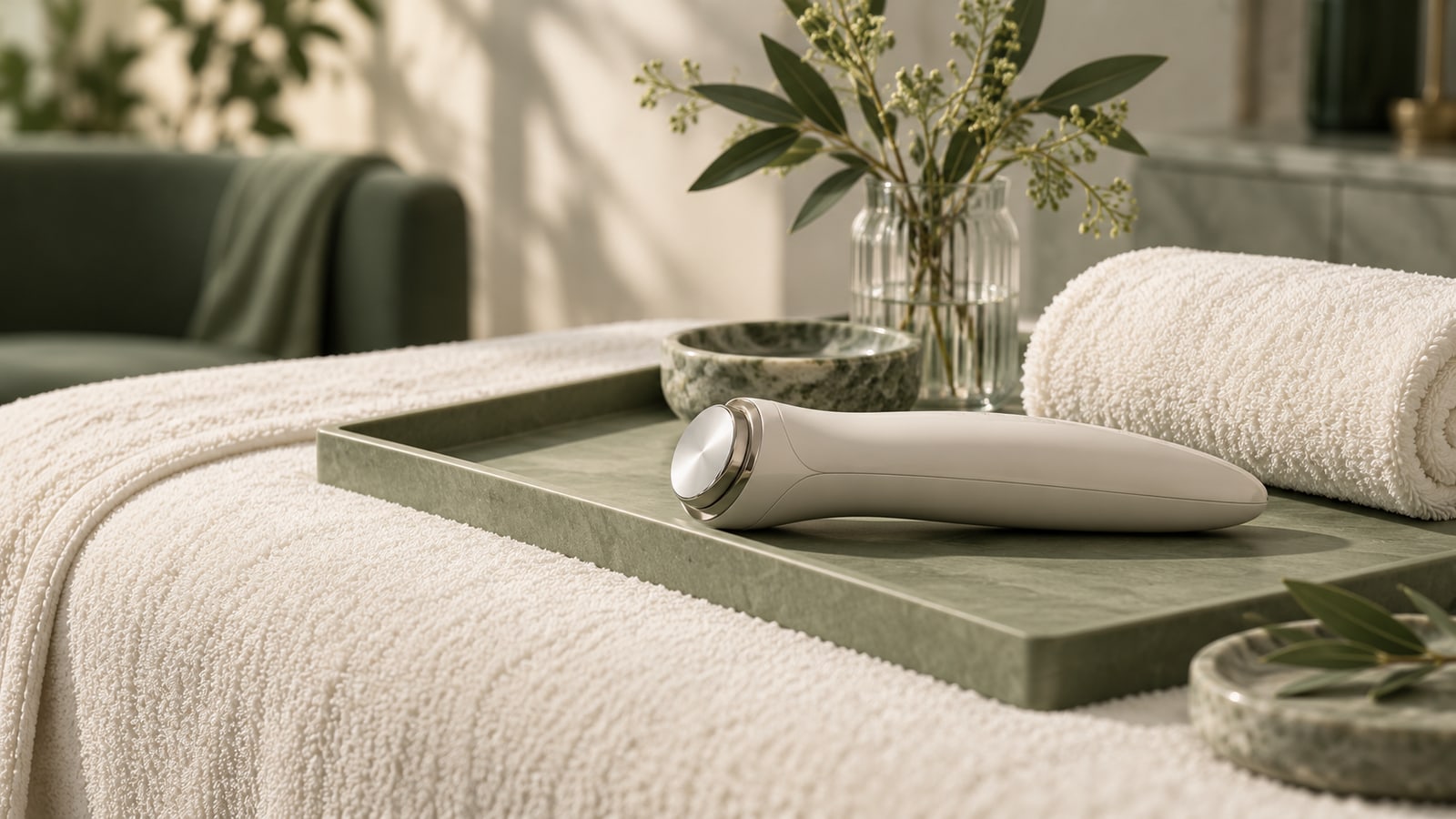 Illustrative unbranded skincare instrument on a sage tray beside a towel