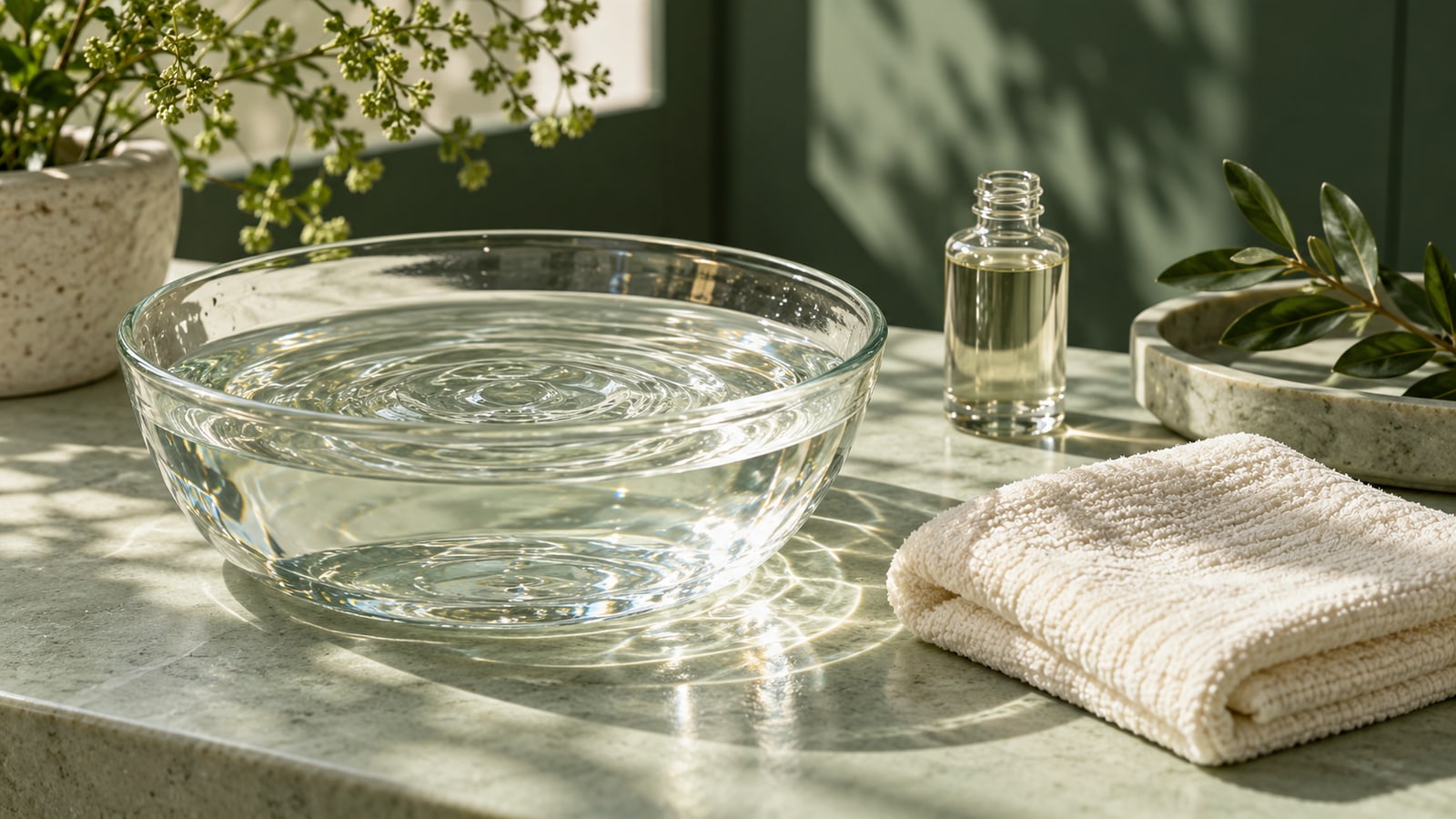 Clear water in a glass bowl beside an ivory cloth and plain bottle
