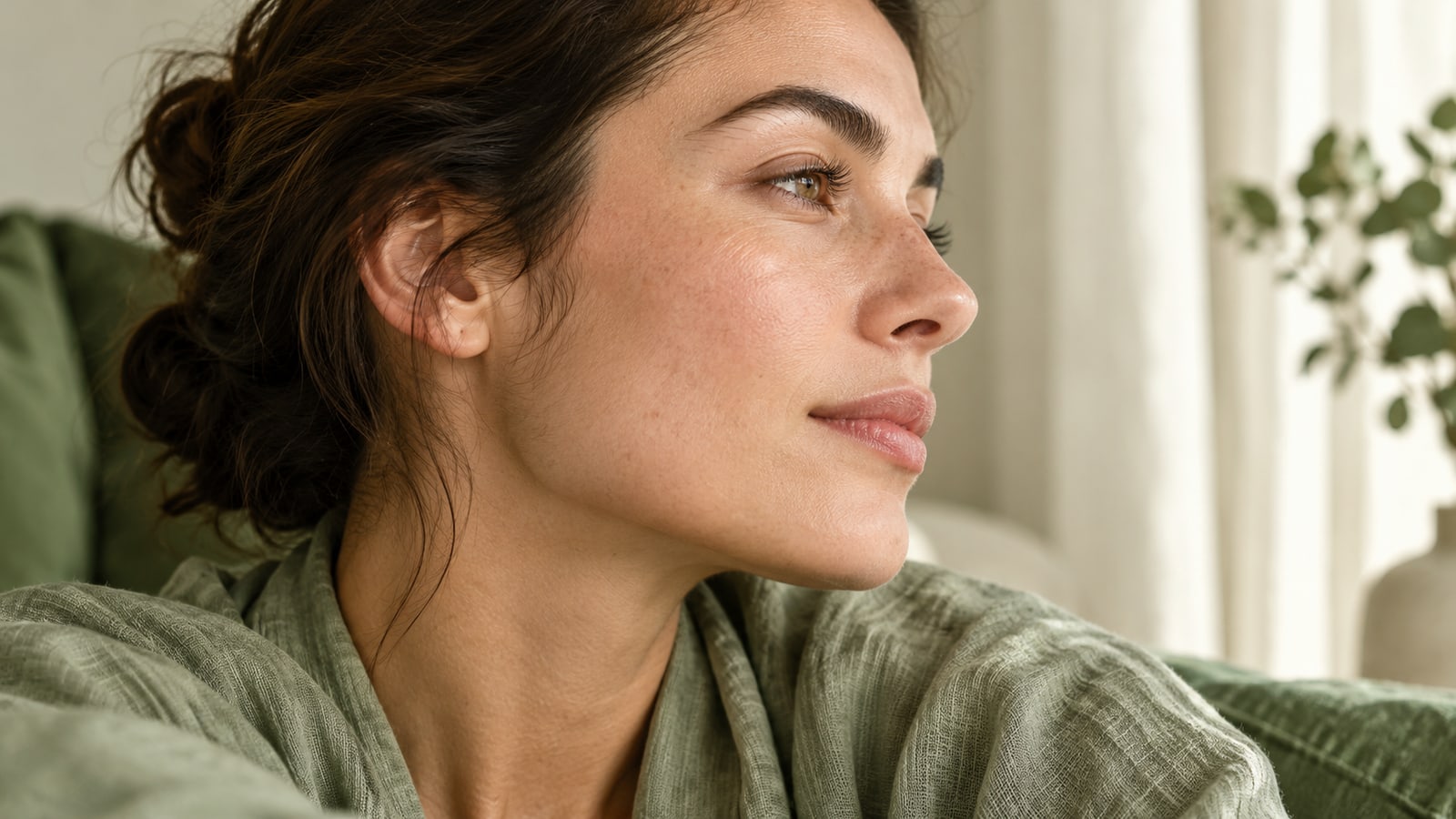 Illustrative profile portrait showing natural facial skin texture and fine hair
