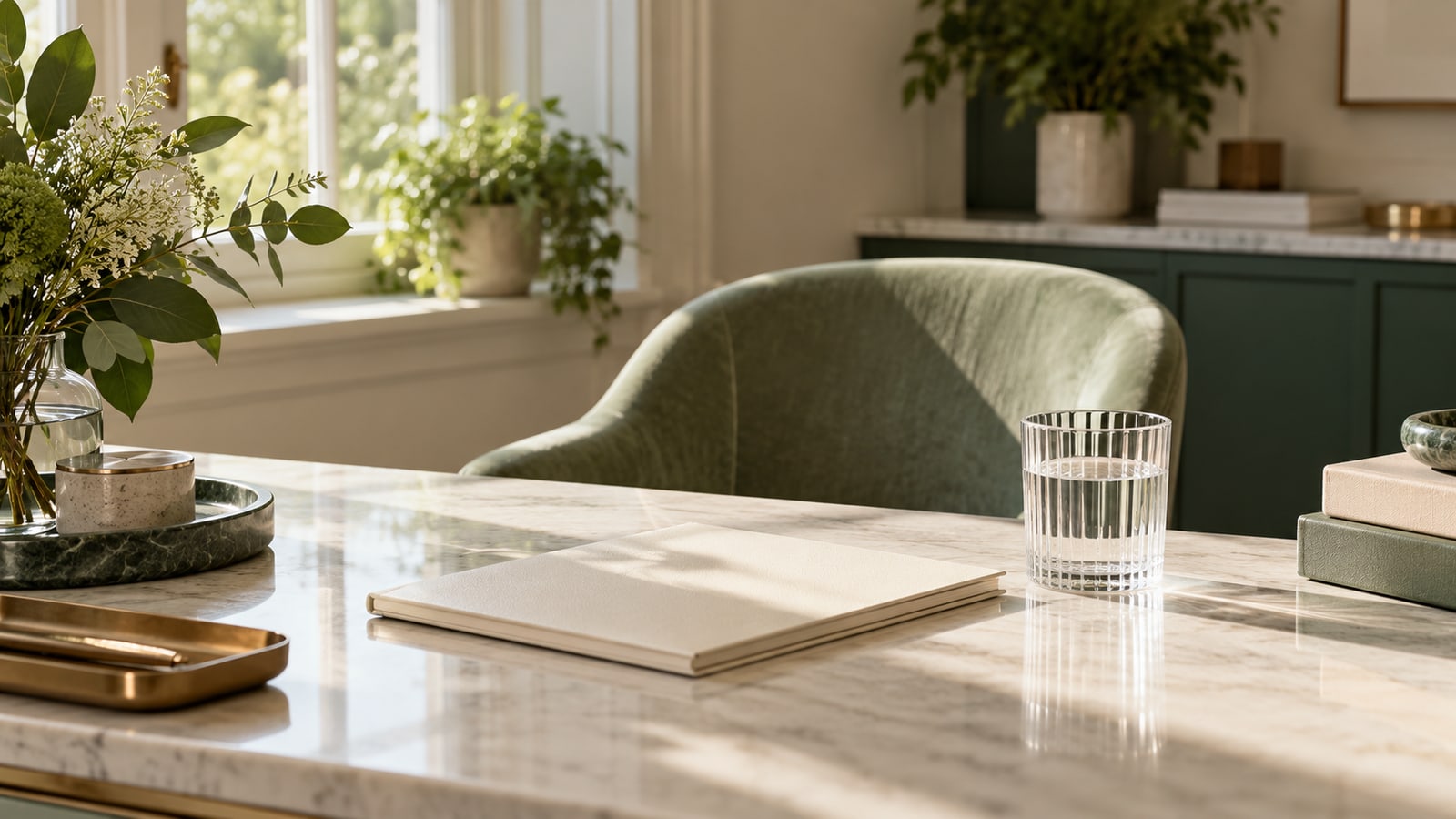 Blank booklet and water glass on an empty consultation desk with a sage chair
