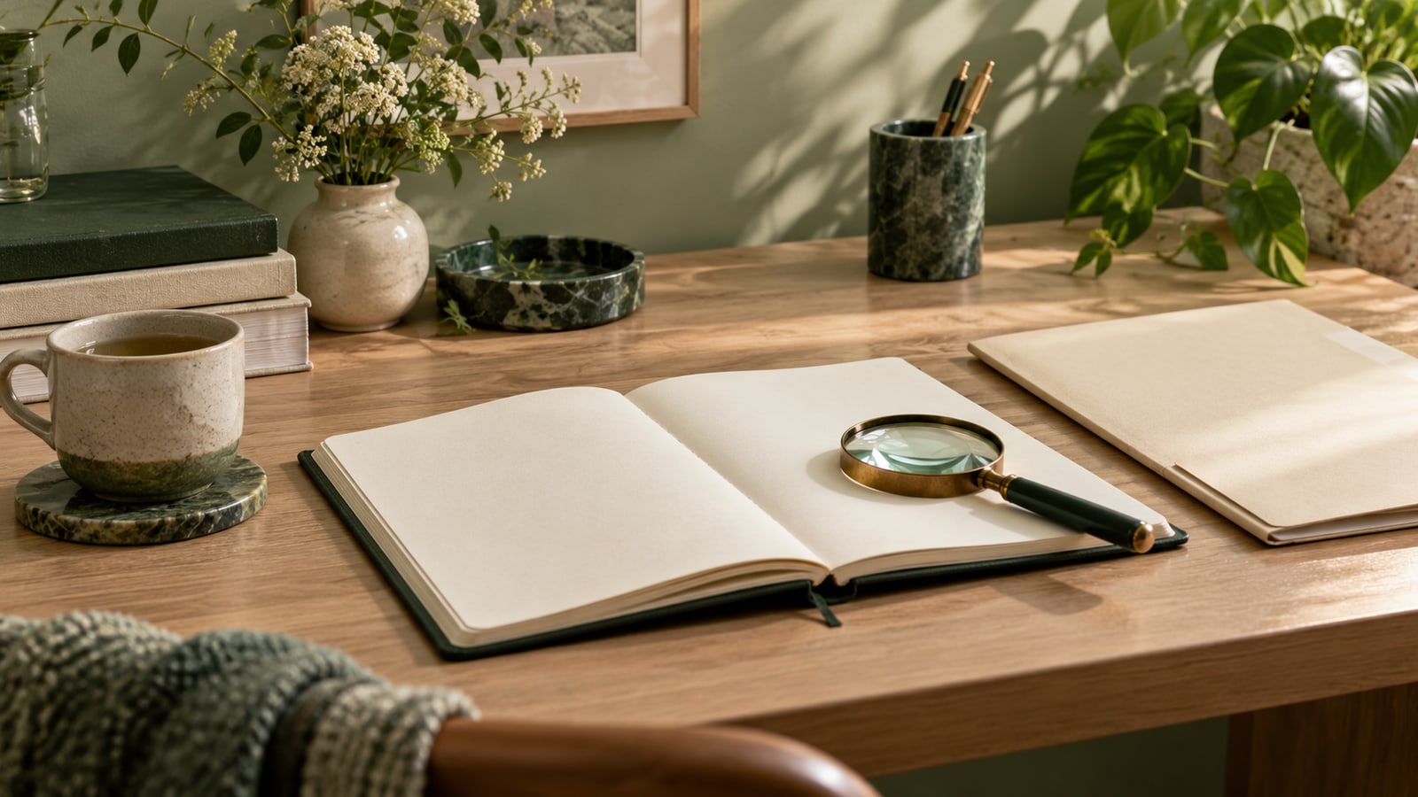 Blank research notebook and magnifying glass beside a cream folder