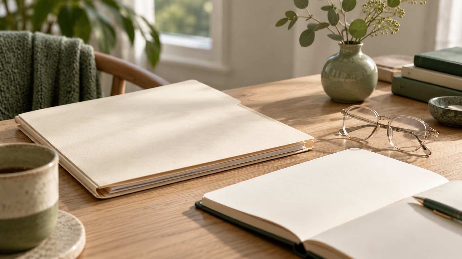 Blank cream research folder and notebook beside clear reading glasses on an oak desk