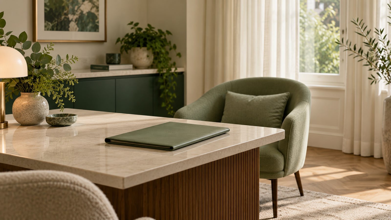 Empty consultation room with sage chair, ivory curtains and a closed folder