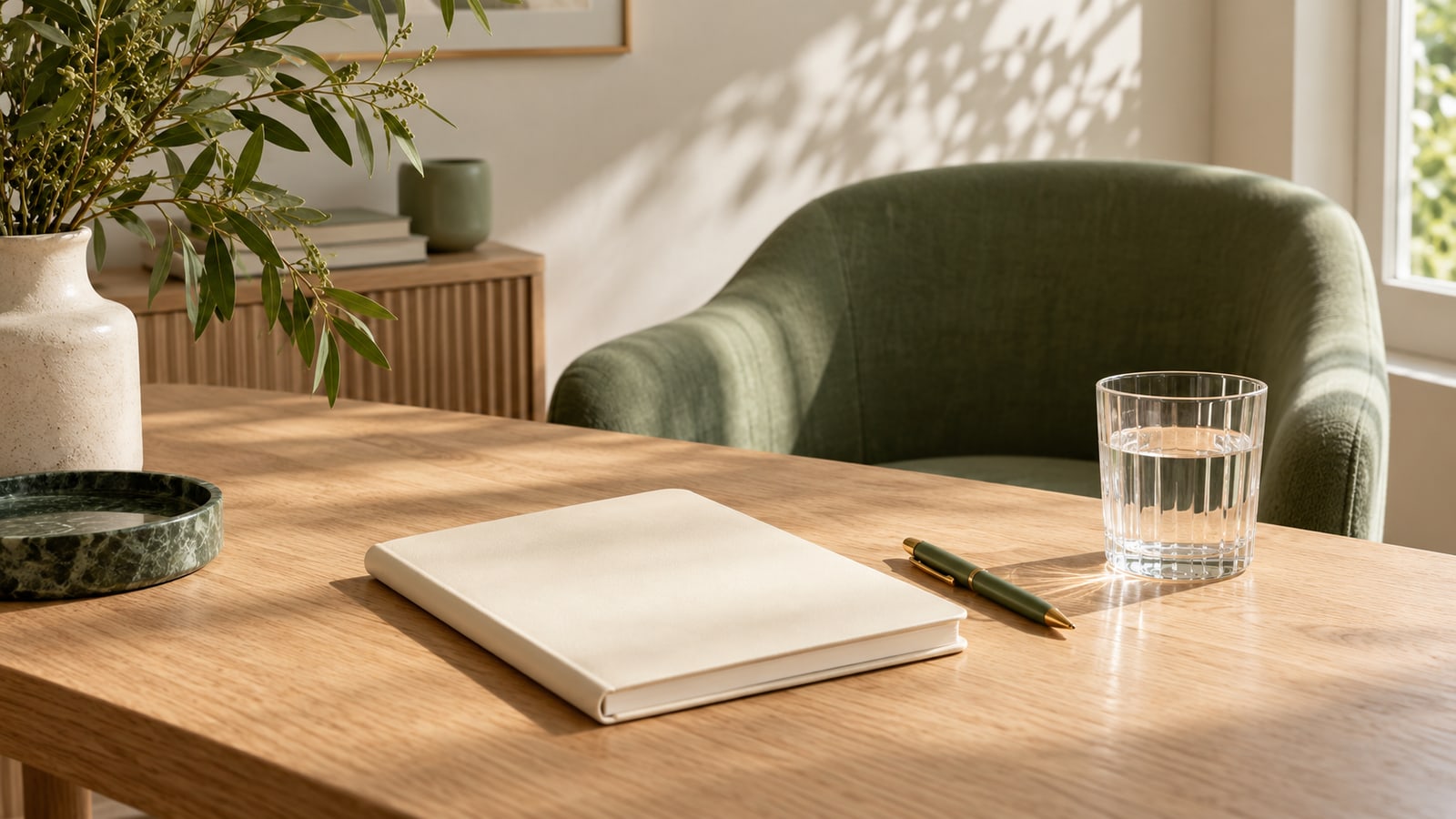 Blank consultation notebook and water glass on an oak desk beside a sage chair.