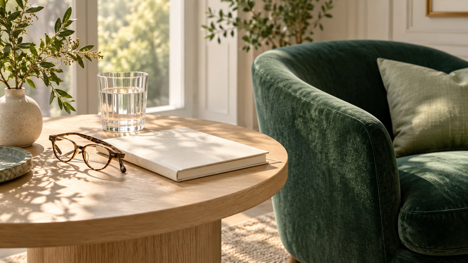 Blank notebook, reading glasses and water on a wooden table beside an emerald chair.