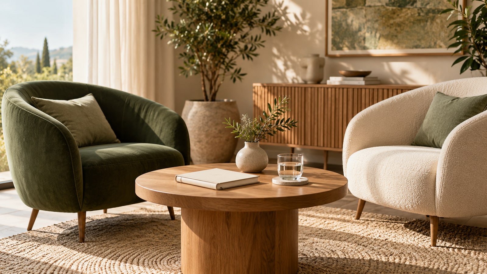 Two empty ivory and emerald chairs beside a round oak table with a notebook and water.
