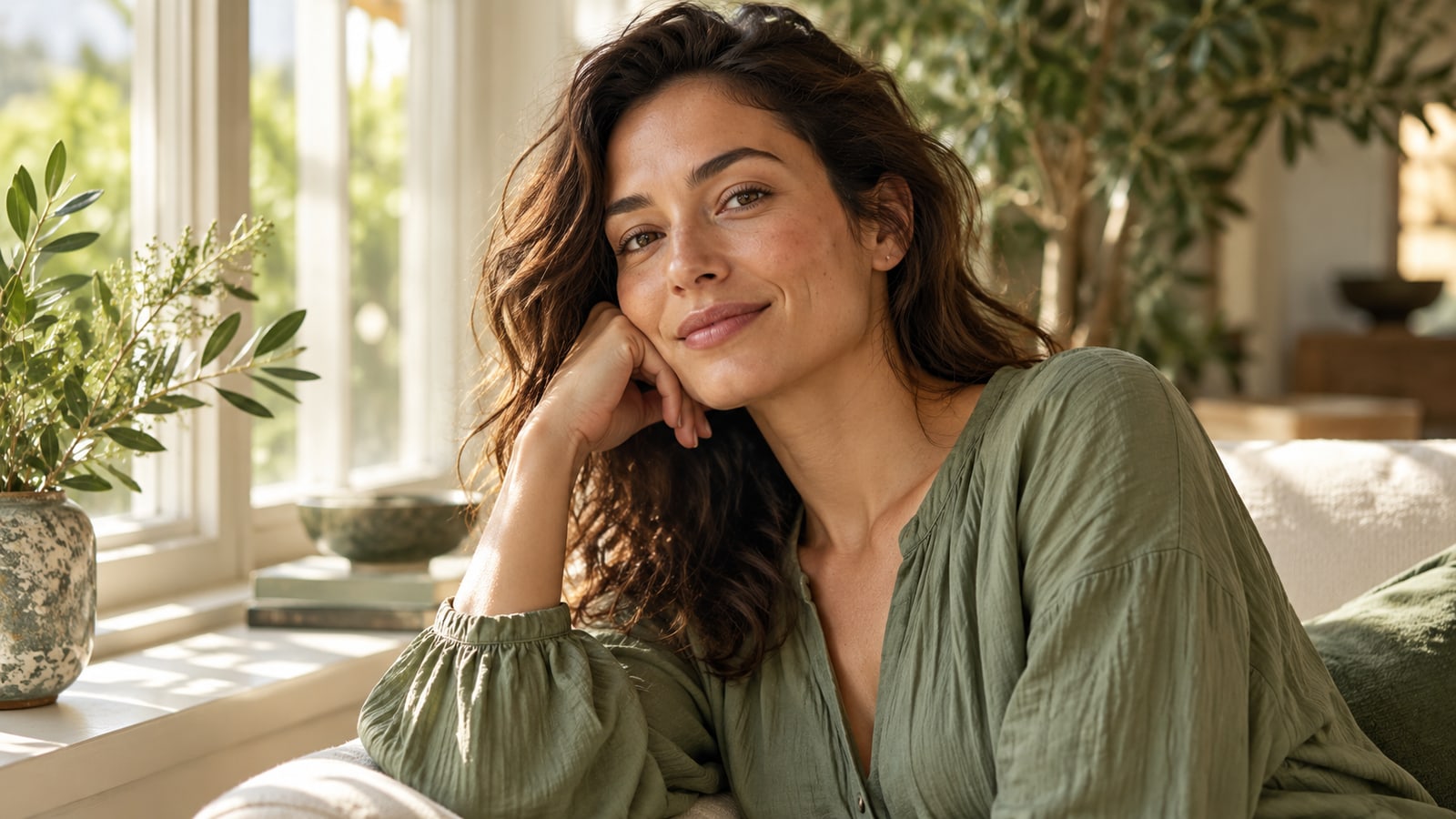 Fictional adult woman with natural facial texture sitting by a window in a sage blouse.