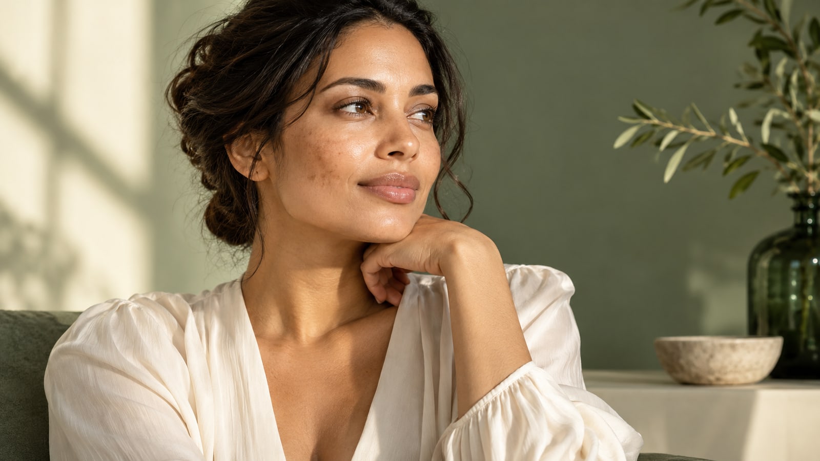 Fictional adult woman with natural uneven facial pigmentation in an ivory blouse.