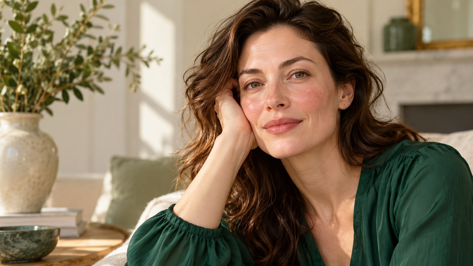 Fictional adult woman with subtle visible vessels on naturally textured cheeks and an emerald blouse.