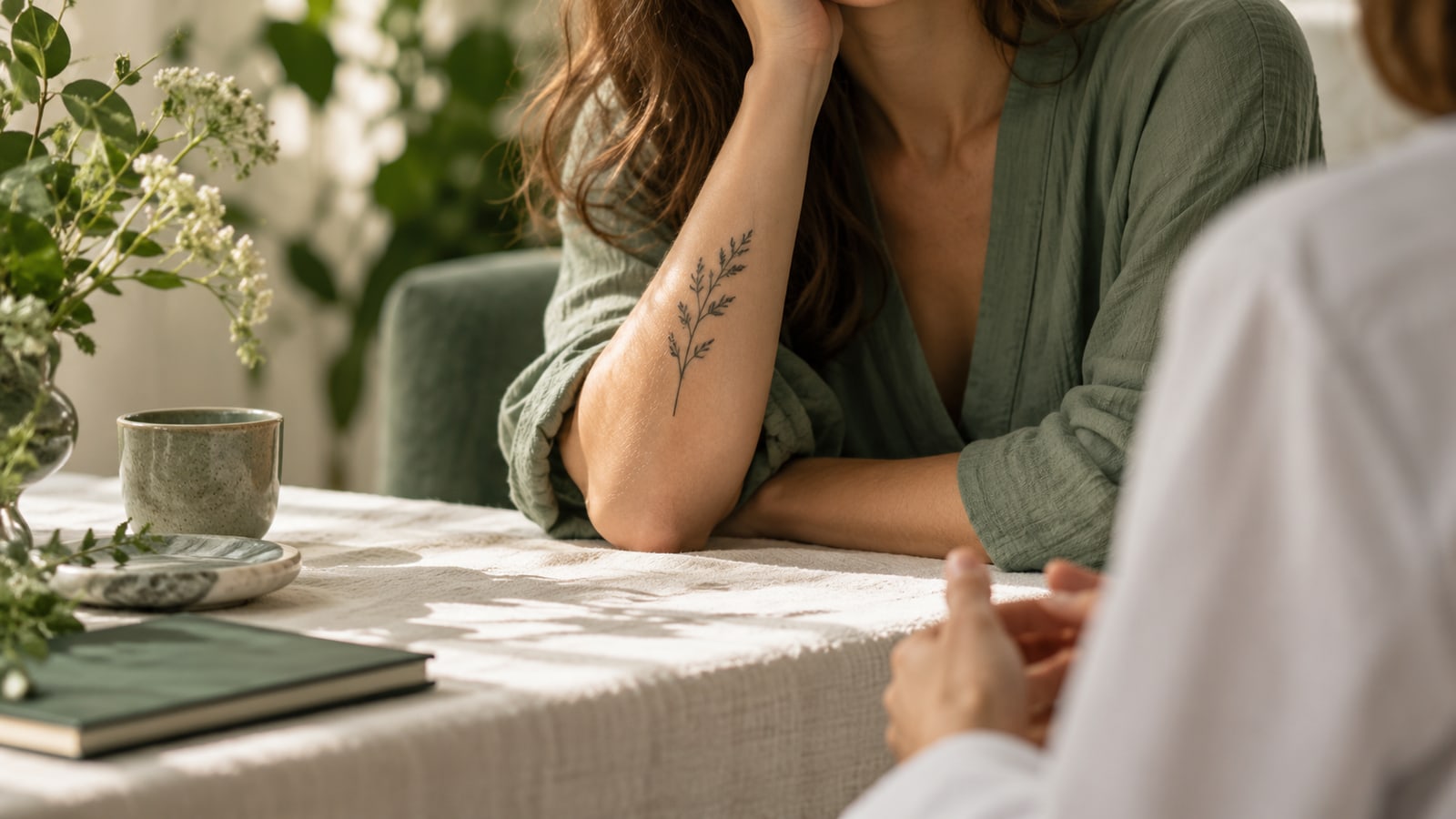 Fictional adult with a small botanical forearm tattoo seated at an ivory-covered consultation table.