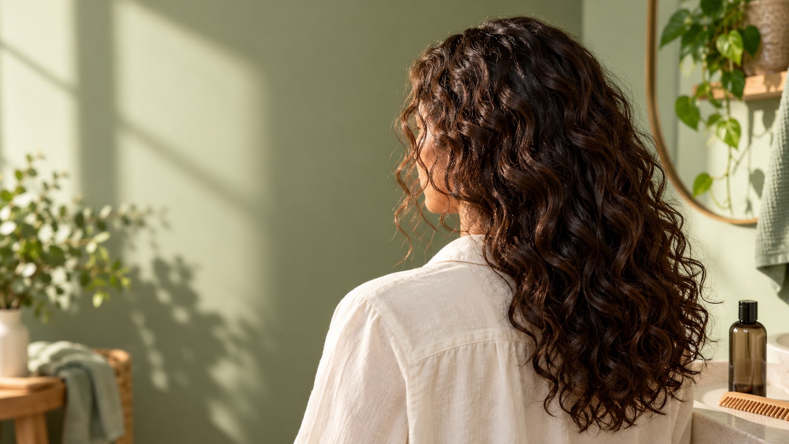 Illustrative adult with dark curly hair seen from behind beside a sunlit bathroom window