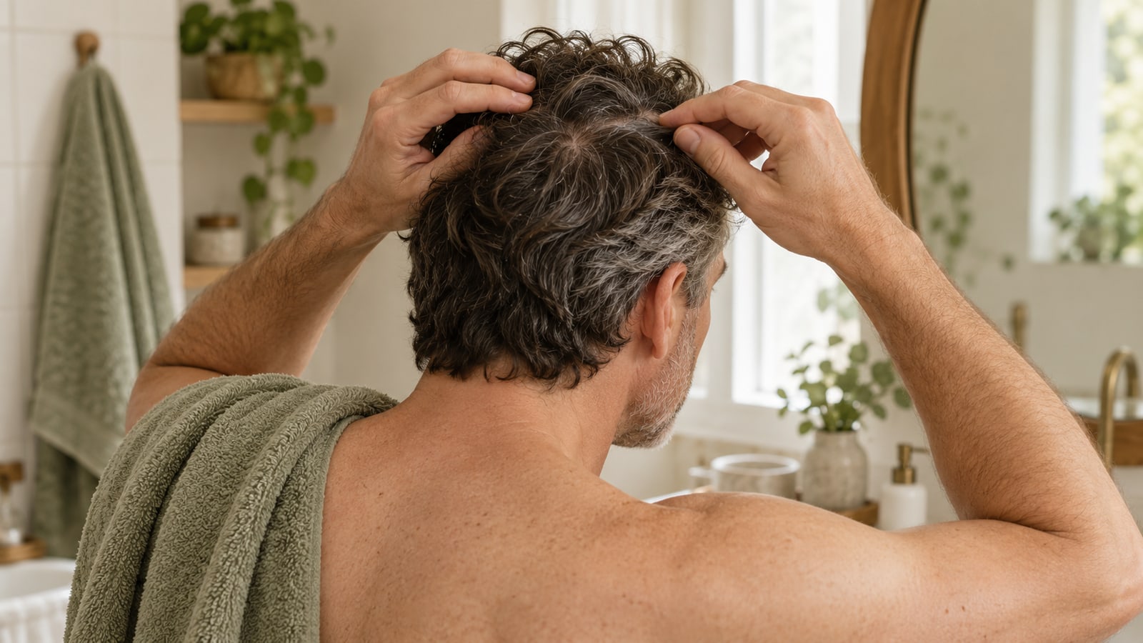 Illustrative adult with salt-and-pepper hair gently parting the hair in a sunlit bathroom