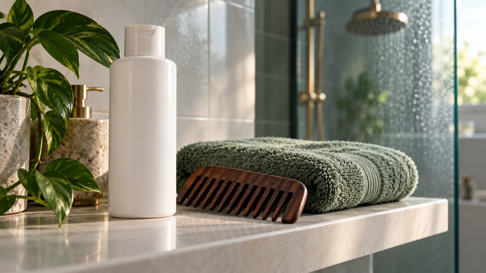 Illustrative unlabelled shampoo bottle, wooden wide-tooth comb and sage towel on a bathroom shelf