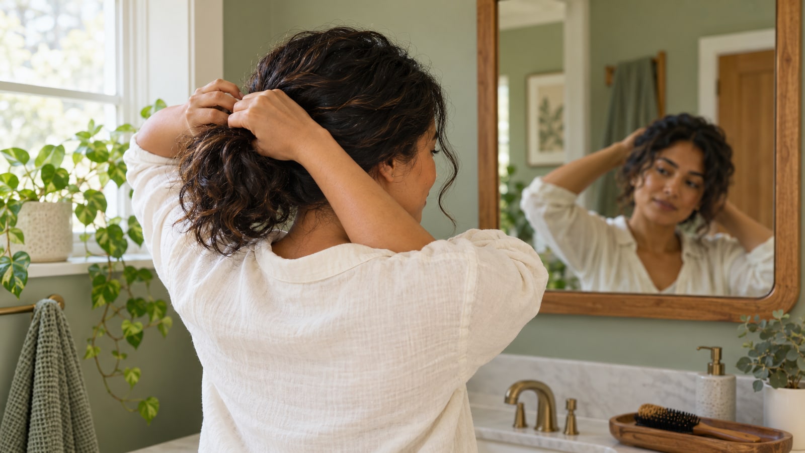 Illustrative adult gently gathering her dark wavy hair in front of a mirror at home