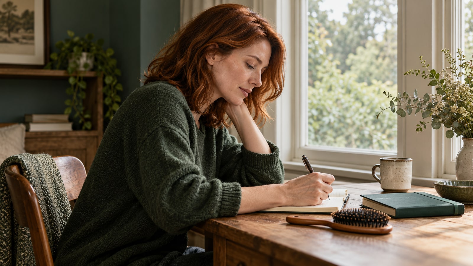Illustrative adult with auburn hair writing notes beside a hairbrush and notebook