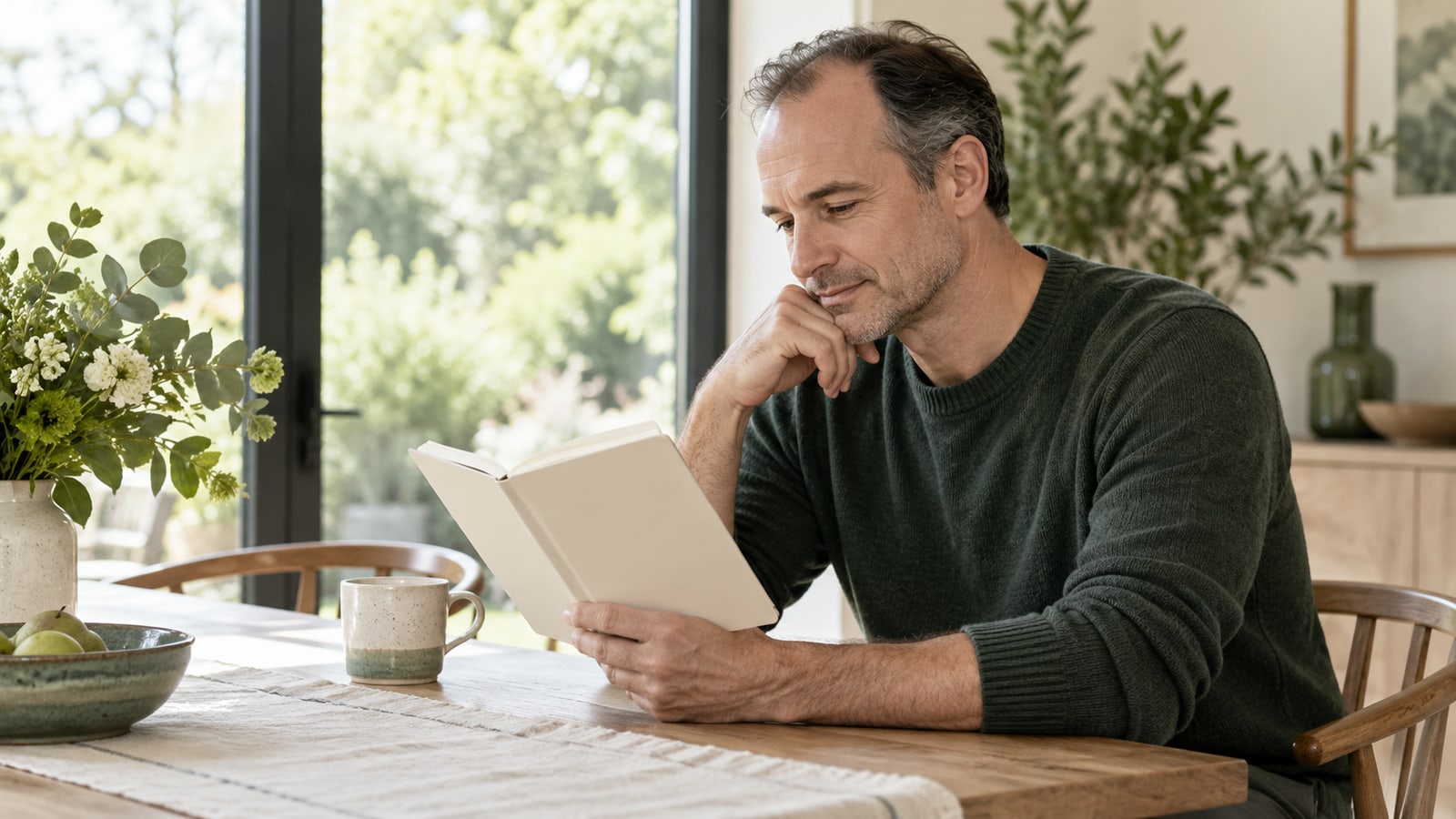 Illustrative man with a receding hairline reading a notebook at home