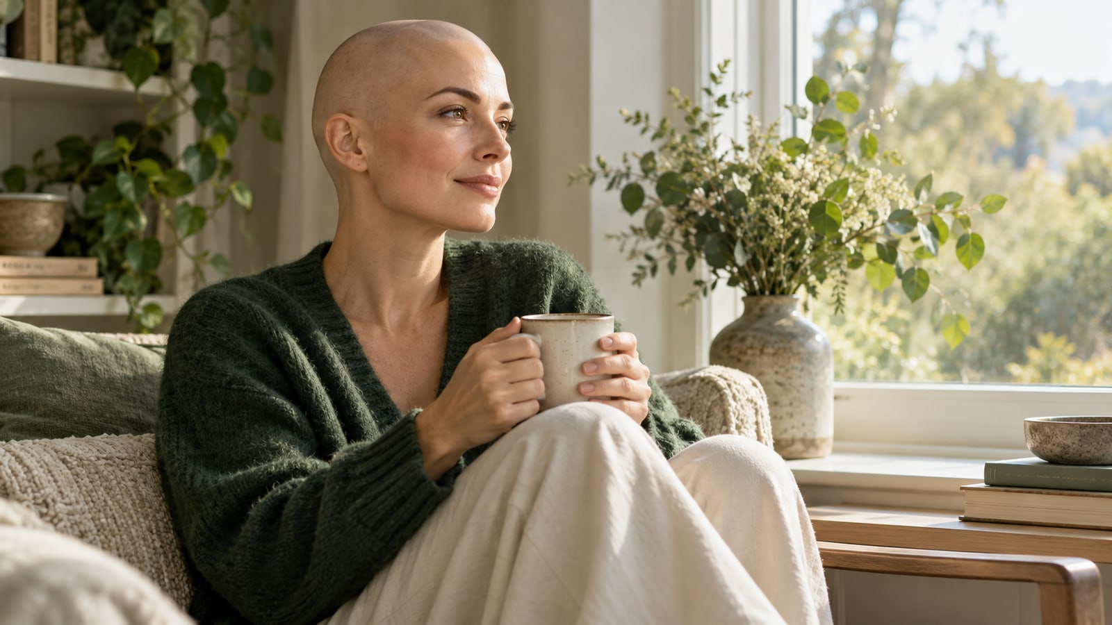 Illustrative adult with a shaved head holding a mug beside a window