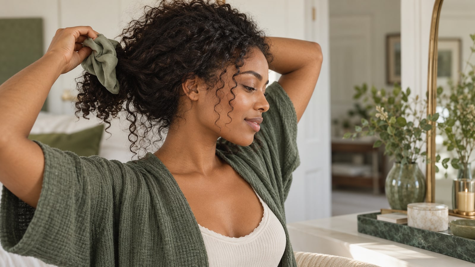 Illustrative adult releasing a loose fabric tie from natural curly hair