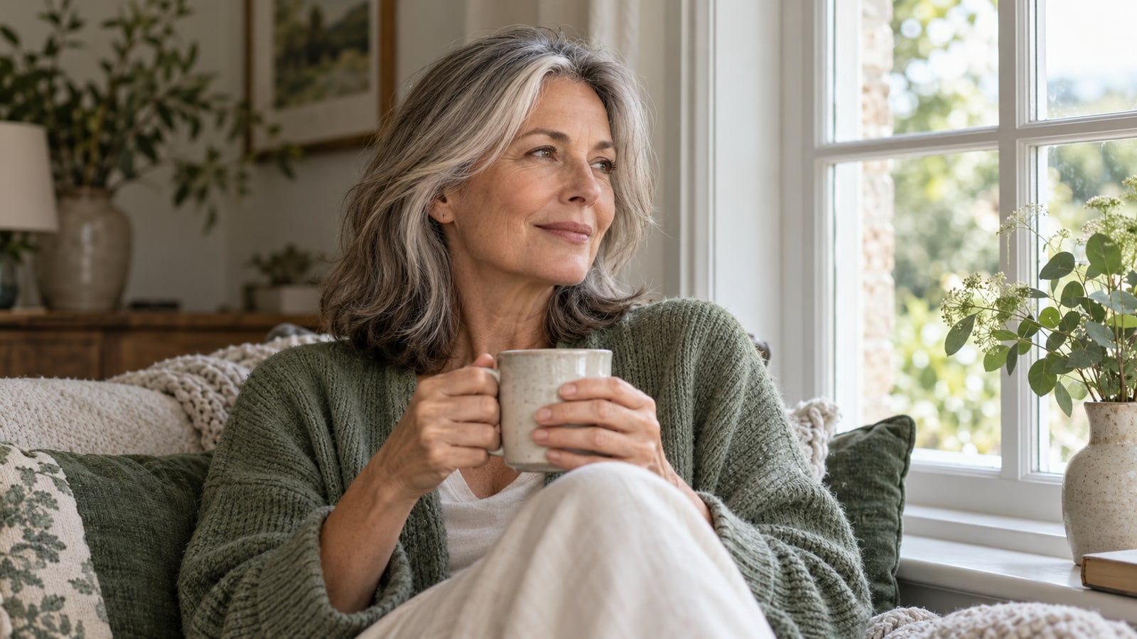 Illustrative woman with silver-streaked hair holding a cup beside a window