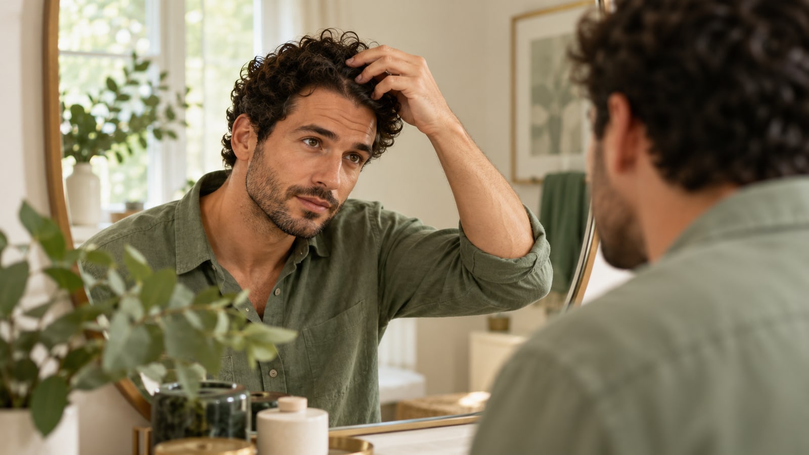 Illustrative adult checking short curly hair beside a mirror