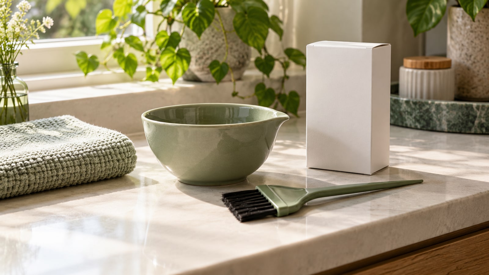 Unused hair-colour brush and empty sage bowl beside a plain carton
