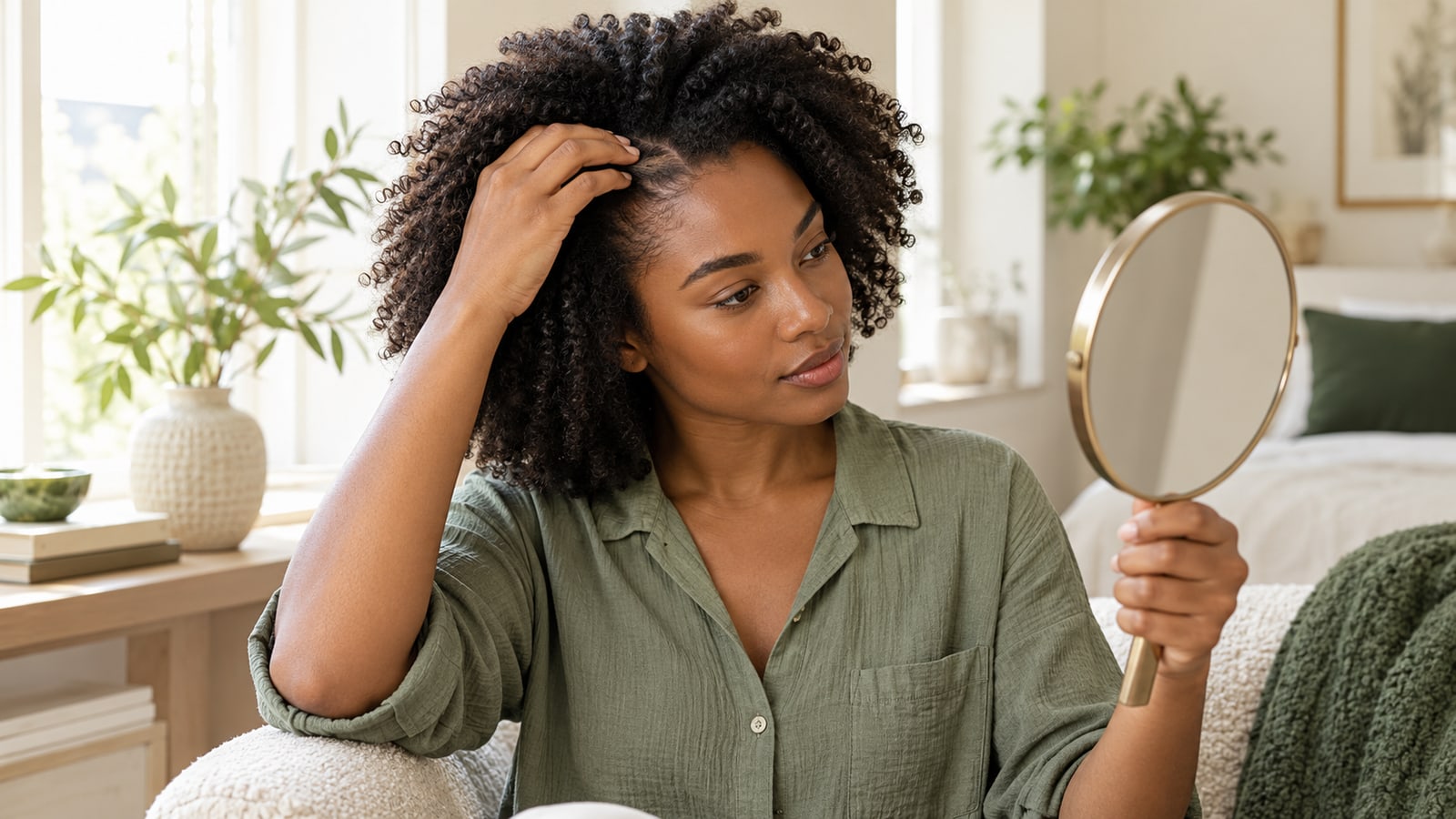 Illustrative adult with coily hair looking at the hairline in a handheld mirror