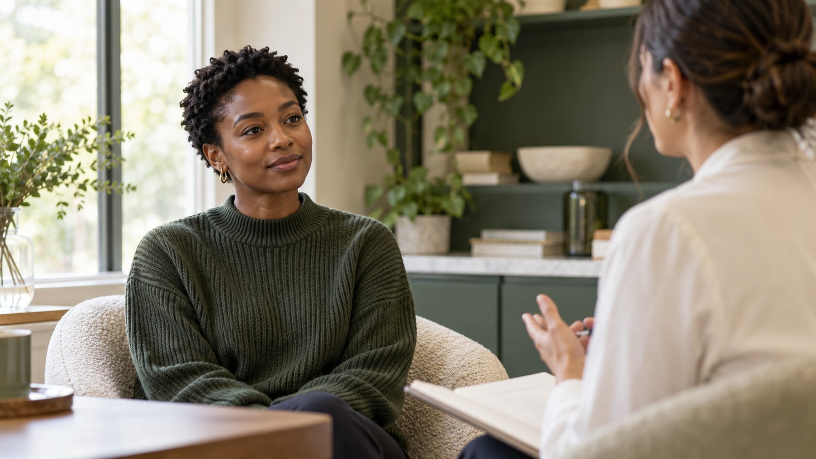 Illustrative adult with short natural hair listening during a consultation
