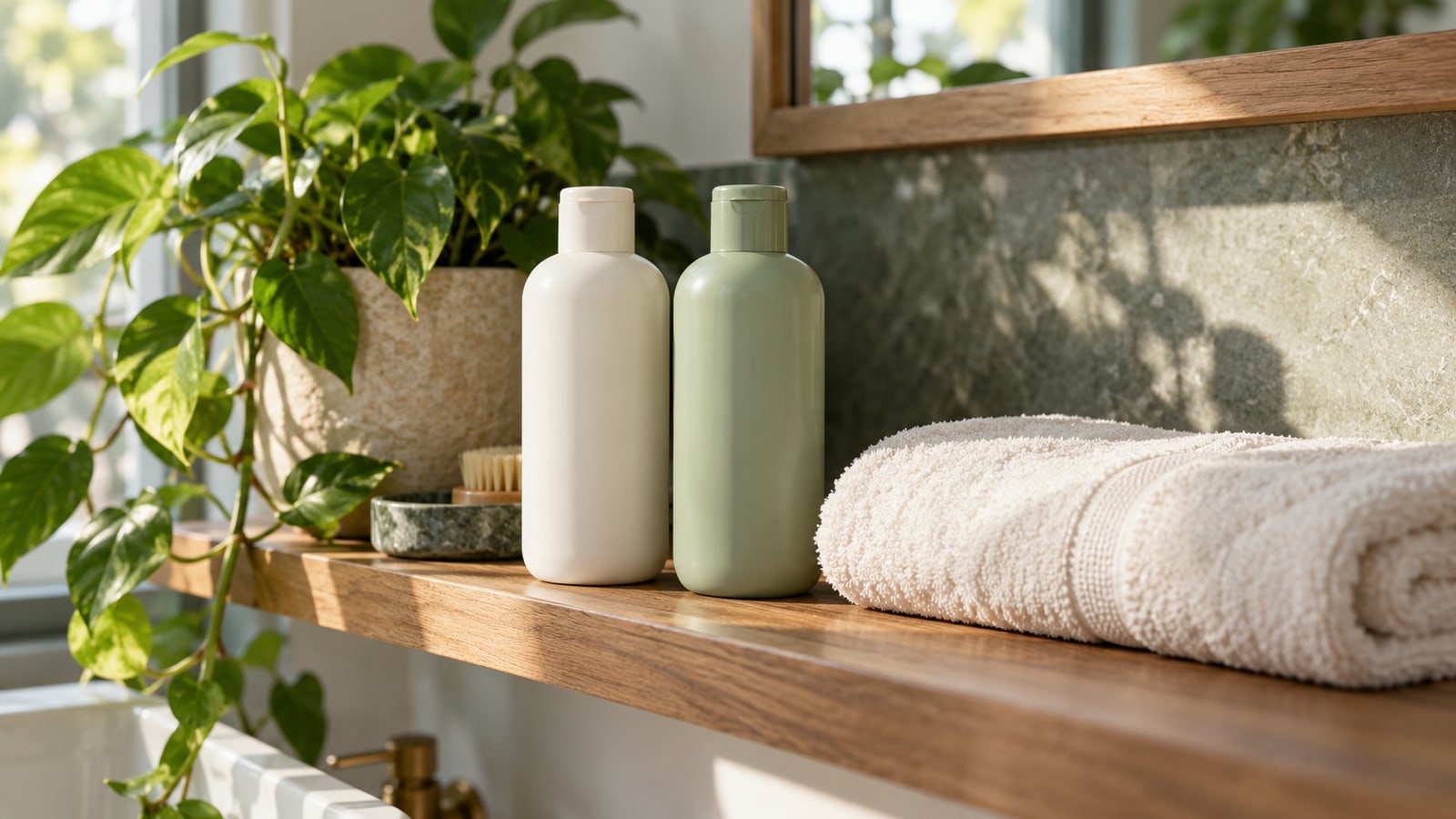 Plain white and sage shampoo bottles beside an ivory towel on a bathroom shelf