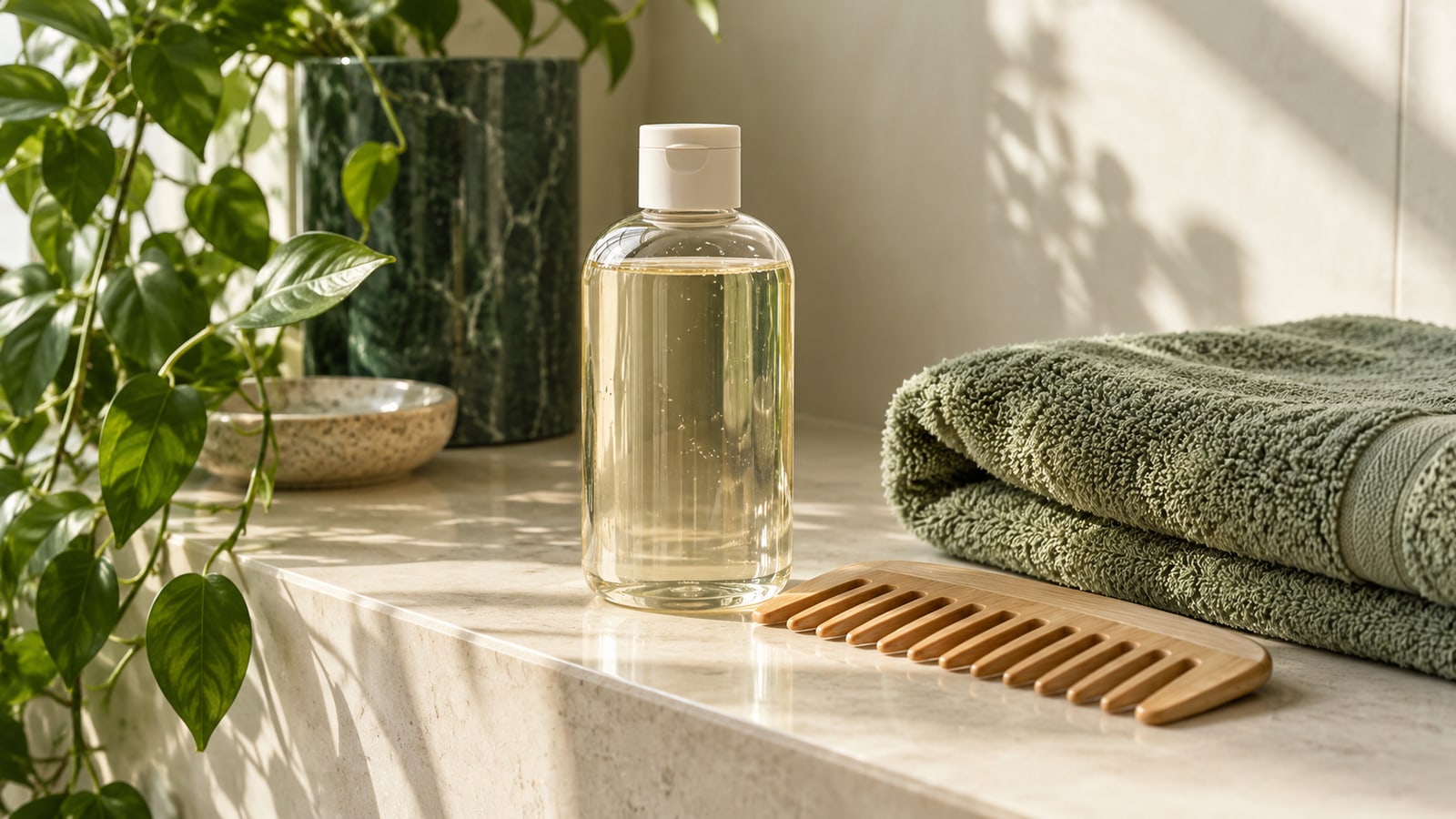 Plain clear shampoo bottle beside a wide-tooth comb and folded sage towel