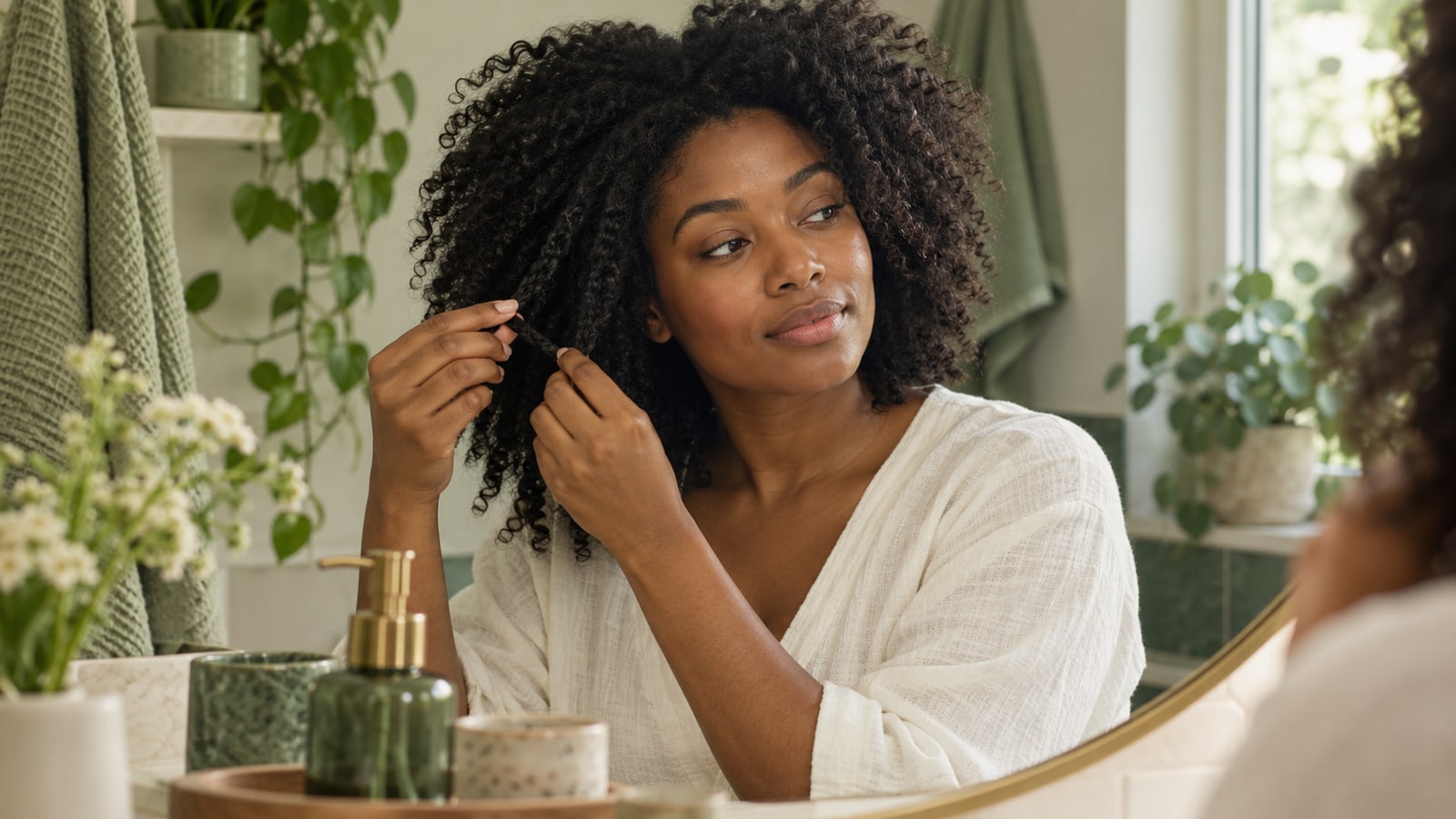 Fictional woman gently separating a section of natural coily hair beside a mirror.