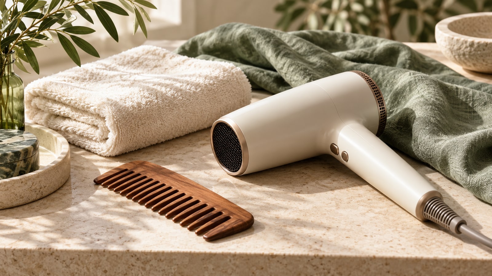Switched-off unbranded hairdryer beside a wooden wide-tooth comb and folded ivory towel.