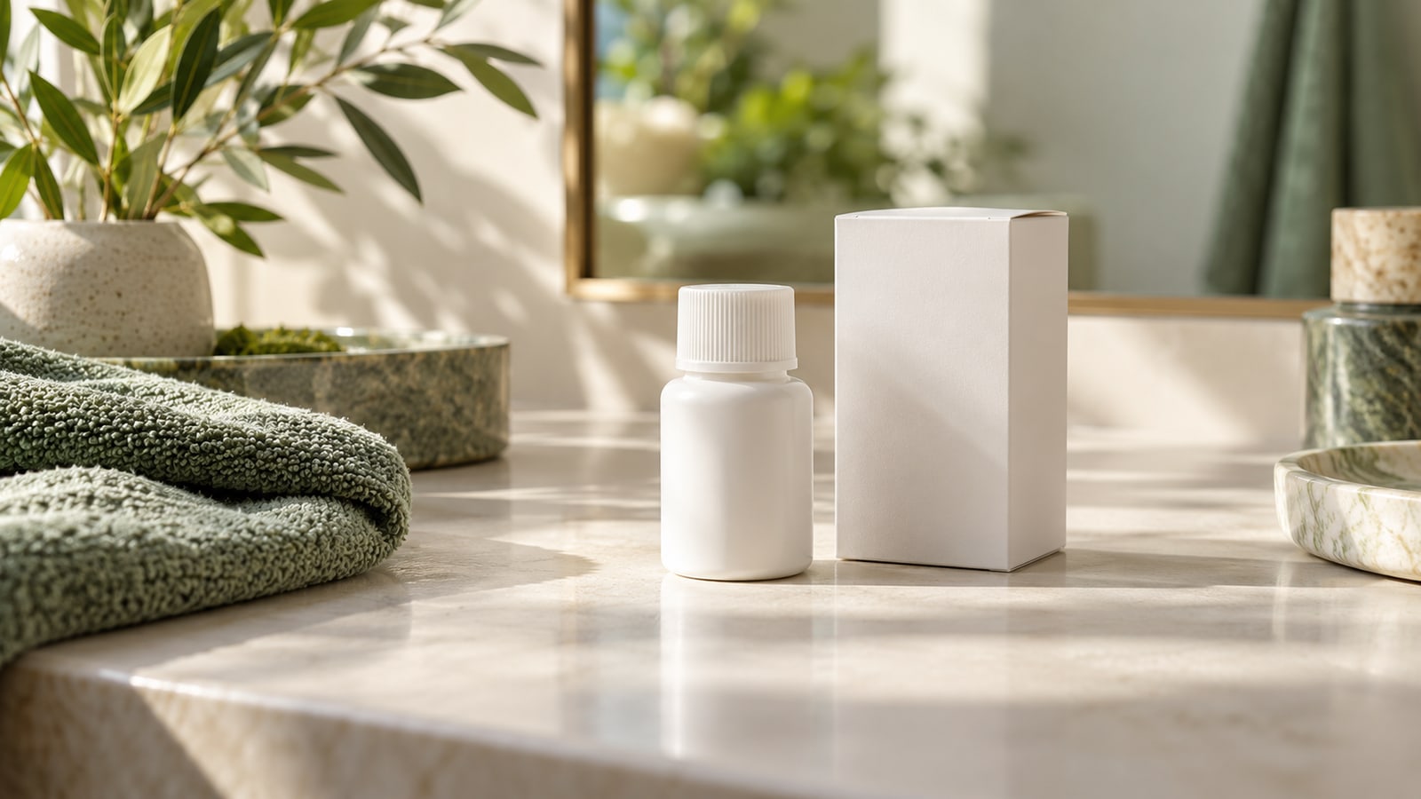 Unlabelled capped white topical bottle and blank carton on a pale bathroom surface.