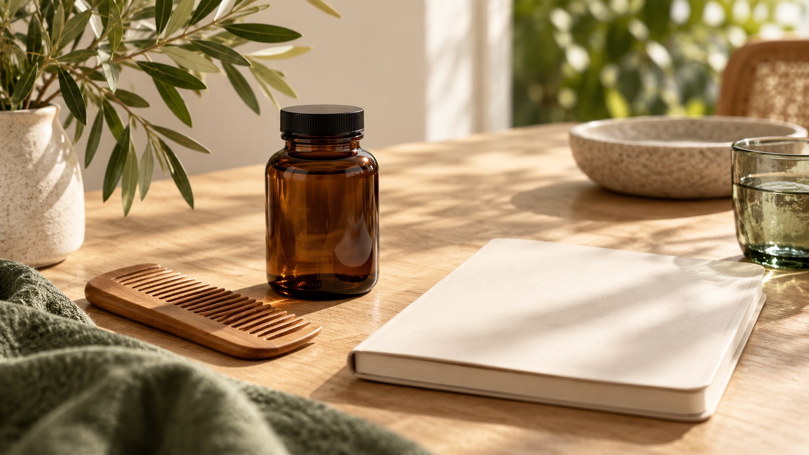 Closed unlabelled amber bottle beside a wooden comb and blank cream notebook.