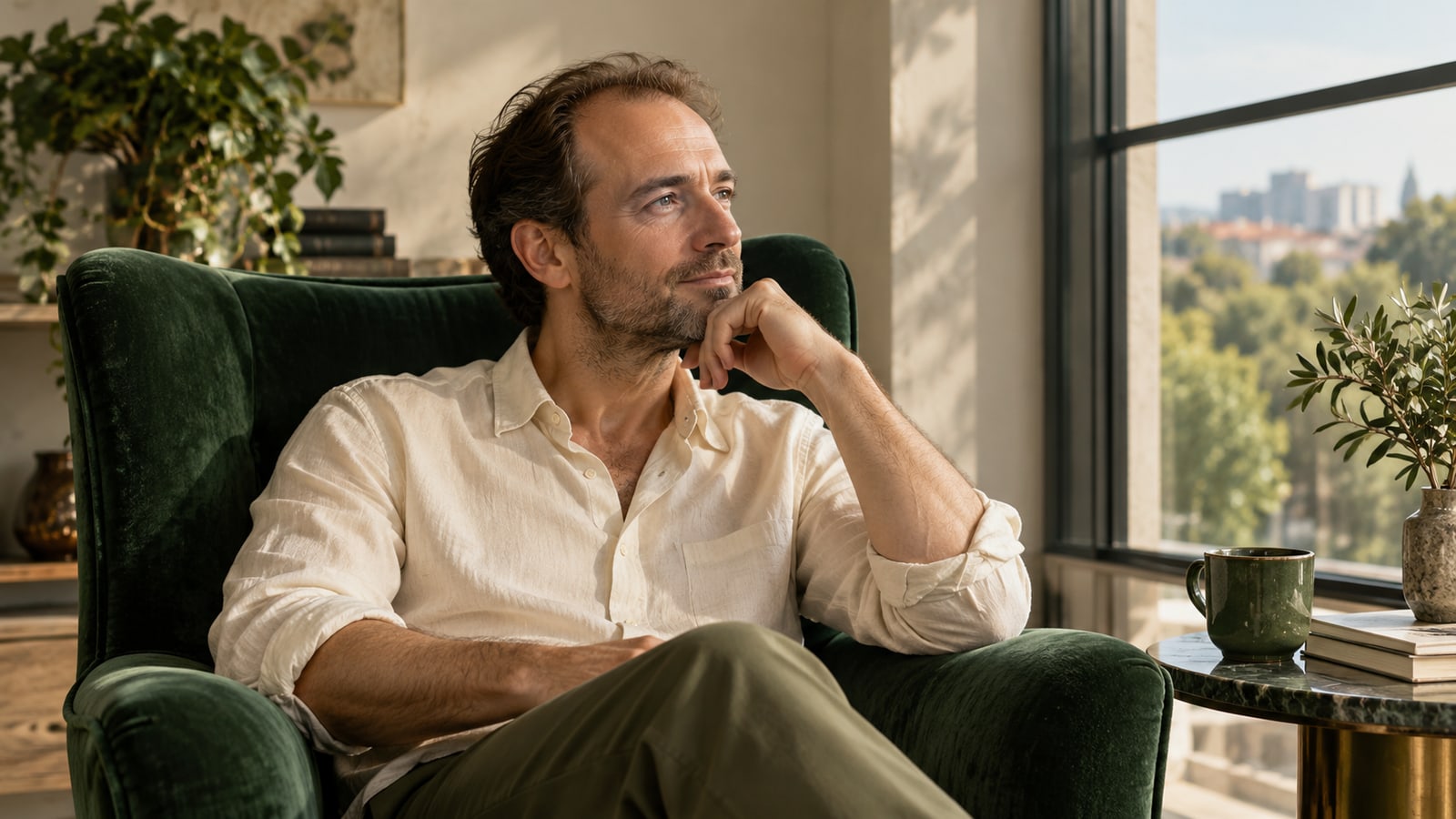 Fictional adult man with naturally thinning hair seated in an emerald armchair by a window.