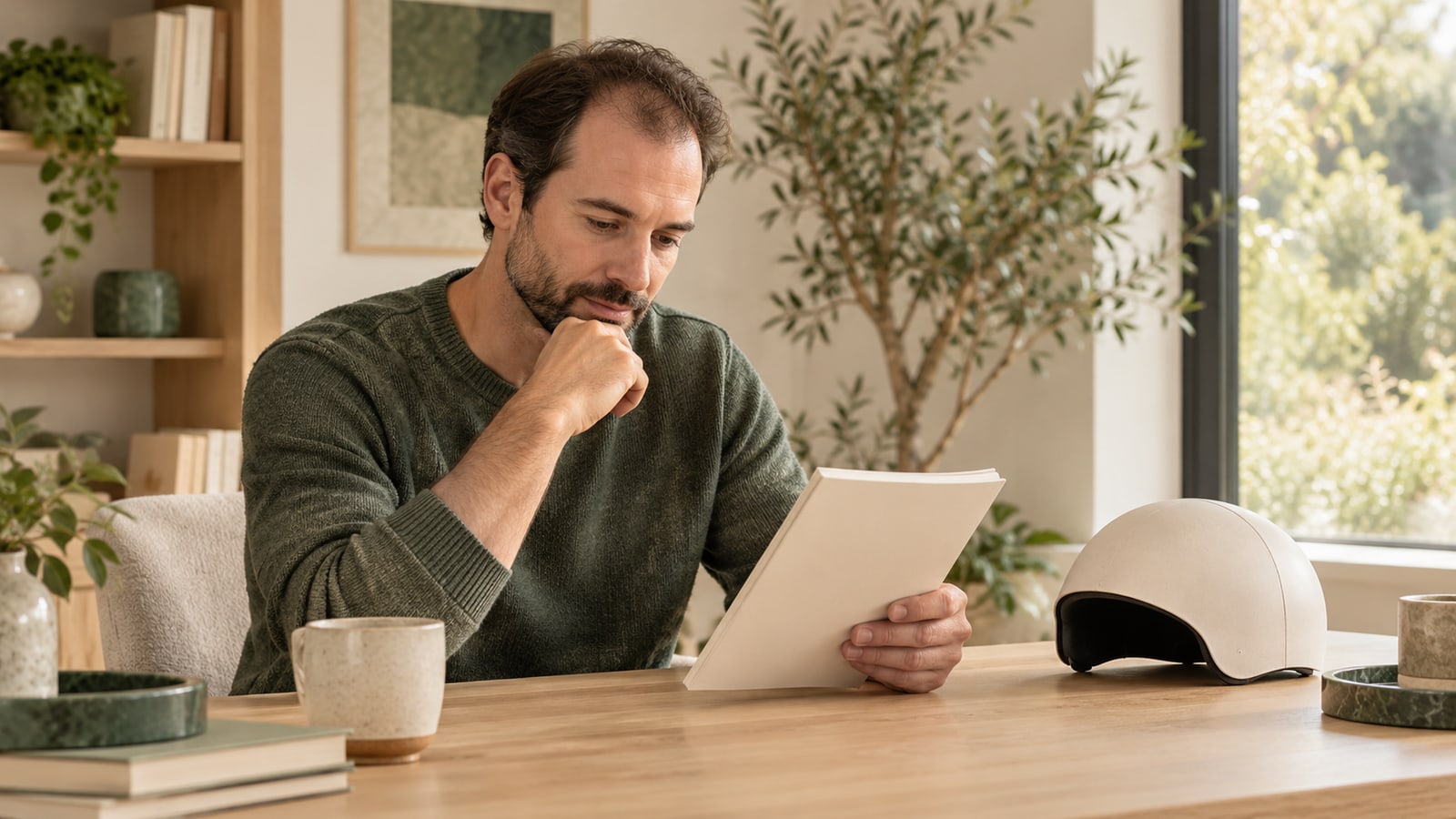Fictional adult with thinning hair reading a booklet beside a switched-off unbranded cap-shaped device.