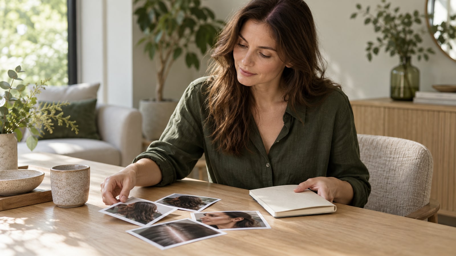 Fictional adult woman preparing a notebook and hair photographs at a light oak table.