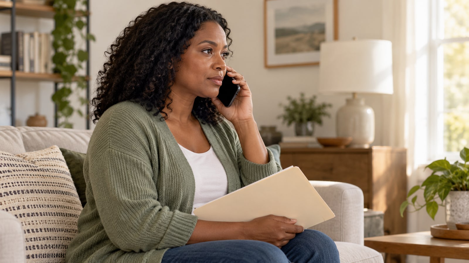 Illustrative adult in a sage cardigan speaking on a phone with a plain folder on her lap