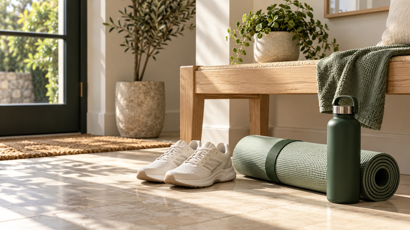 Illustrative trainers, rolled sage exercise mat and green water bottle beside an oak bench