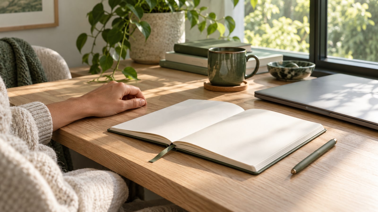 Illustrative blank planner, pen, closed laptop and green mug beside an adult hand