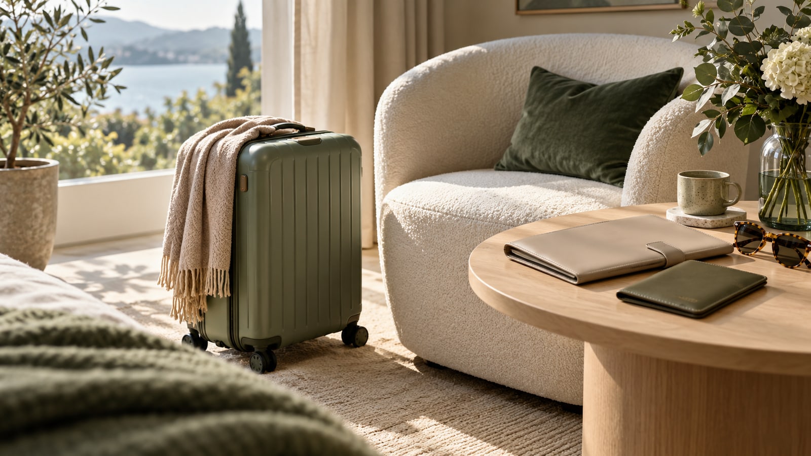 Illustrative sage suitcase beside a chair and plain travel documents