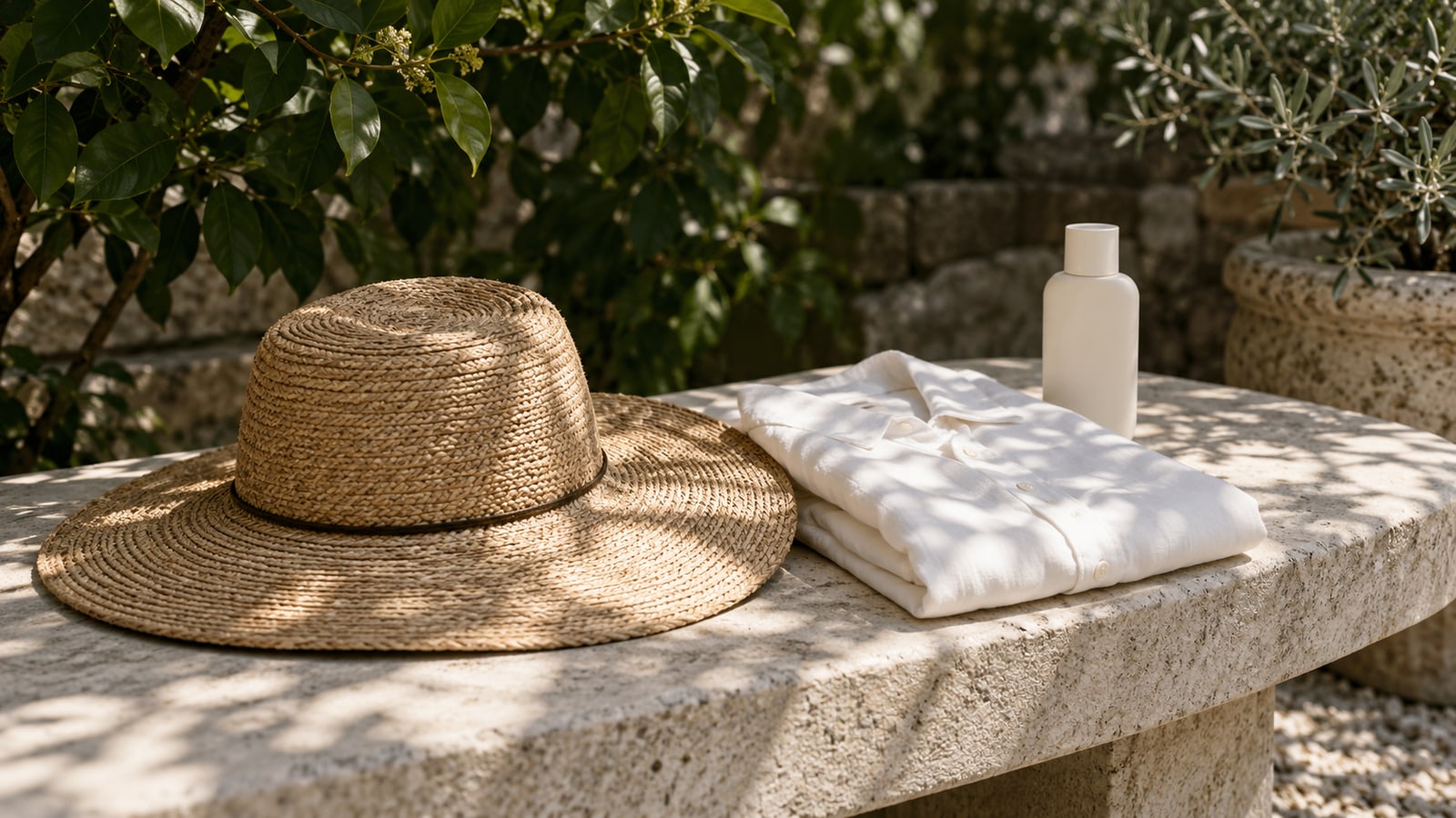 Illustrative sunhat, folded long-sleeved shirt and unlabelled bottle in garden shade