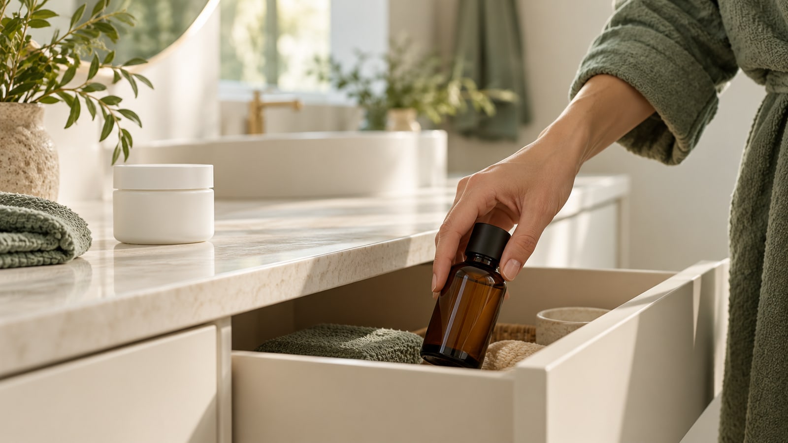 Illustrative hand putting an amber skincare bottle into an ivory drawer