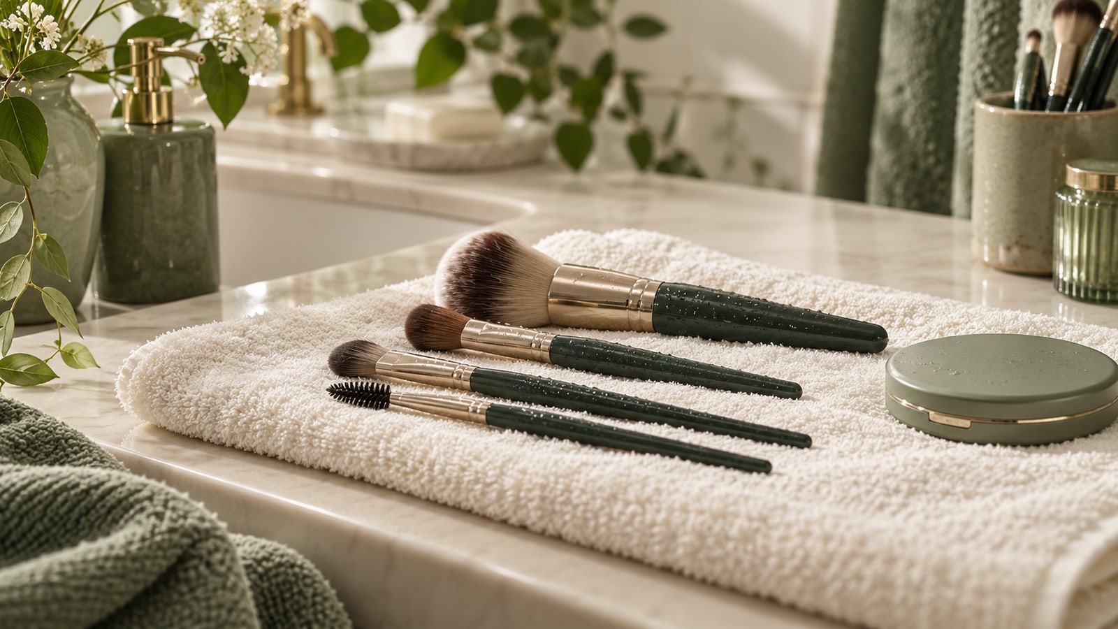 Illustrative clean make-up brushes drying flat beside a closed compact