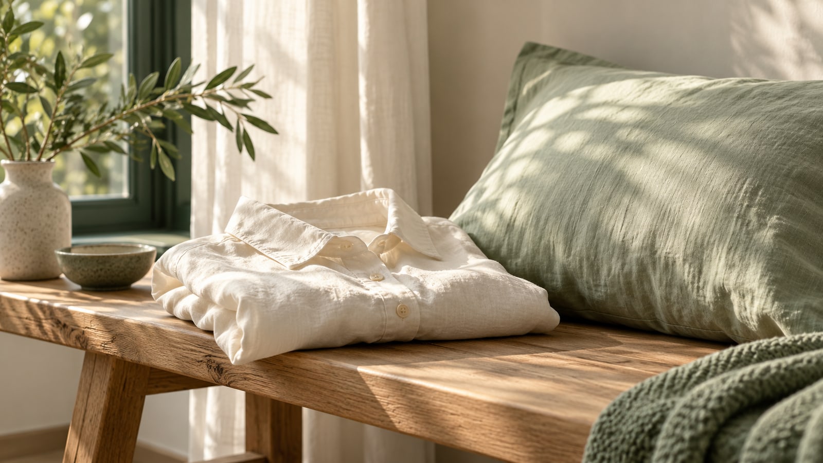Illustrative soft ivory shirt and sage pillowcase on a clean bench