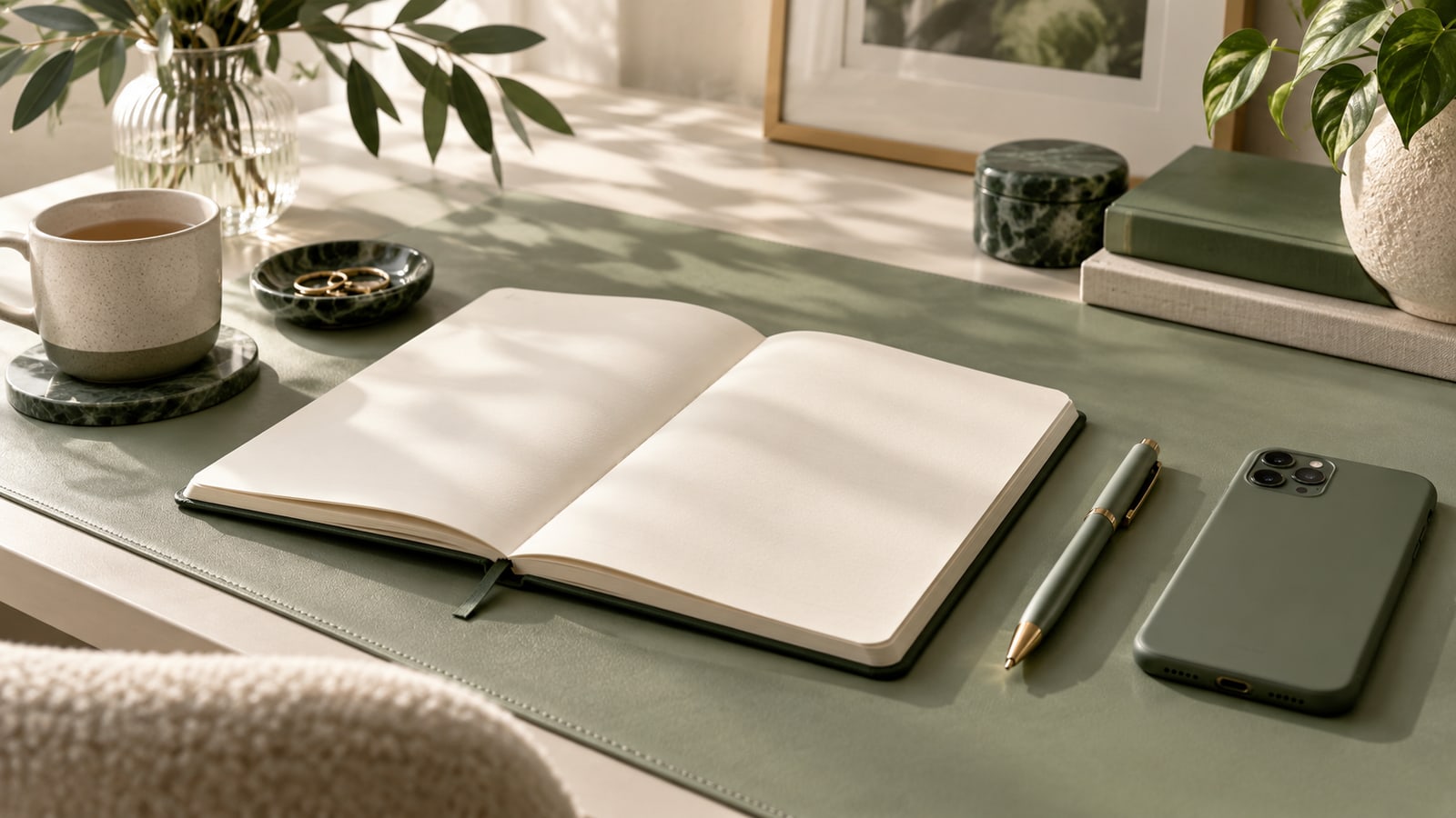 Blank notebook, pen and face-down phone on a sage desk mat