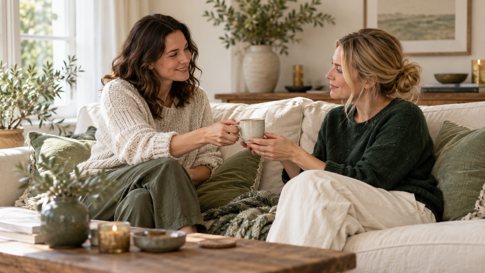 Two illustrative adult friends sharing a cup of tea in a quiet living room