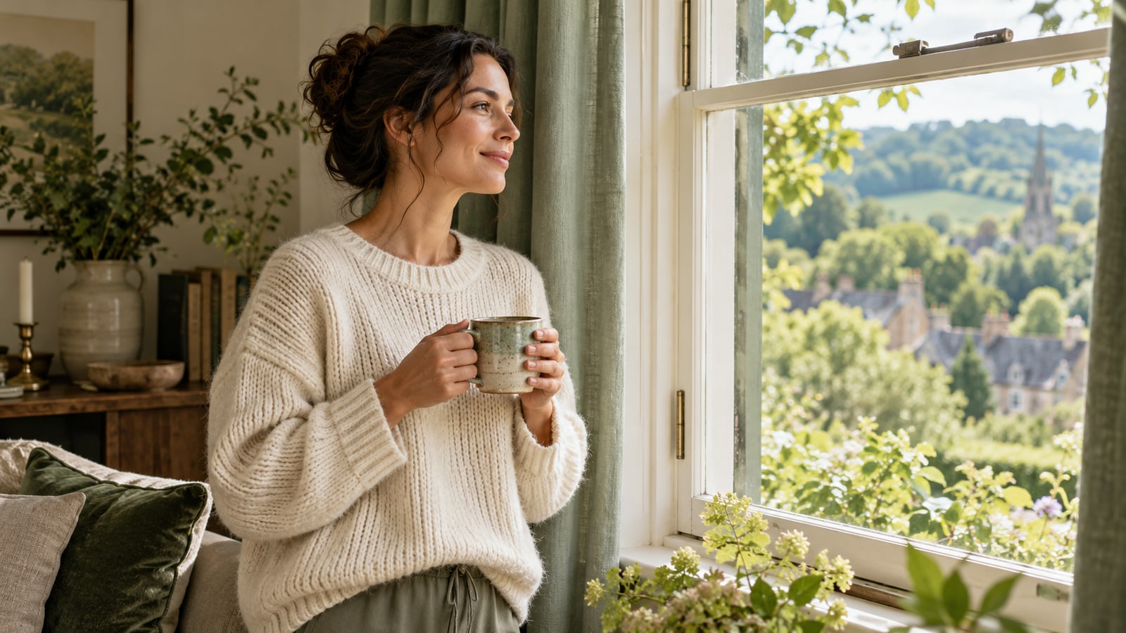 Illustrative adult holding a ceramic cup beside an open window