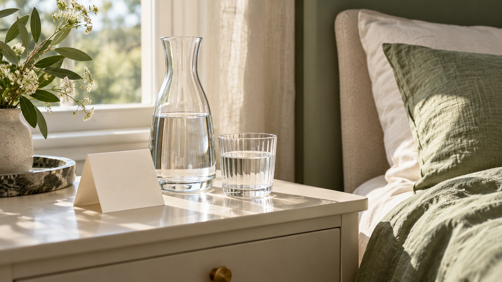 Water carafe, tumbler and blank instruction card beside sage bed linen