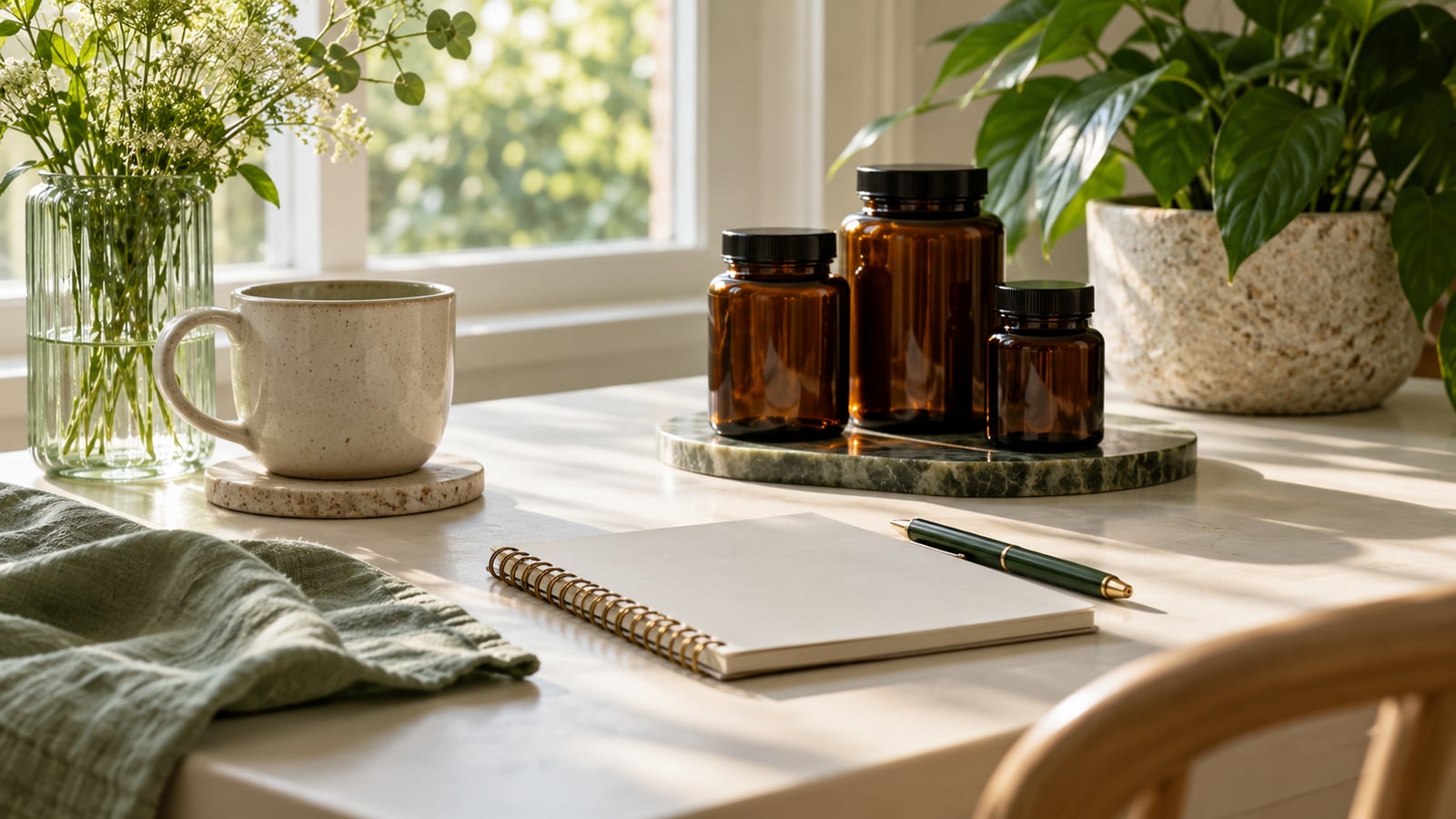Closed unlabelled amber bottles beside a blank notebook and pen